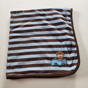 Carter's baby blanket blue brown stripes monkey car 27 x 27